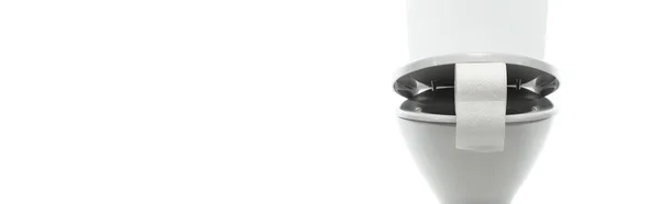 Керамическая Чистая Унитаз Туалетной Бумагой Изолированы Белой Панорамный Снимок — стоковое фото