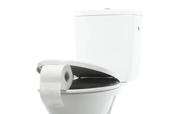 Vaso Sanitário Cerâmico Limpo Com Papel Higiênico Isolado Branco — Fotografia de Stock