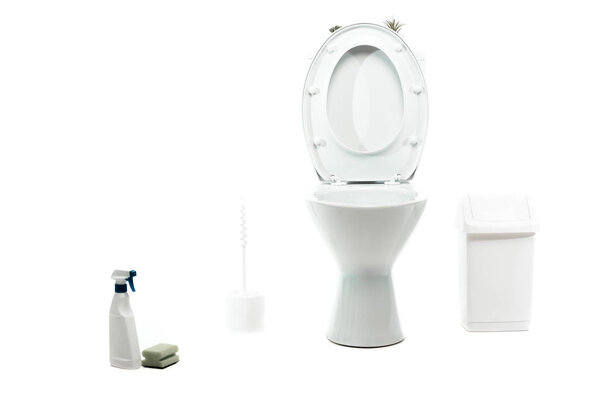 ceramic clean toilet bowl near waste container, toilet brush, sponge, detergent isolated on white