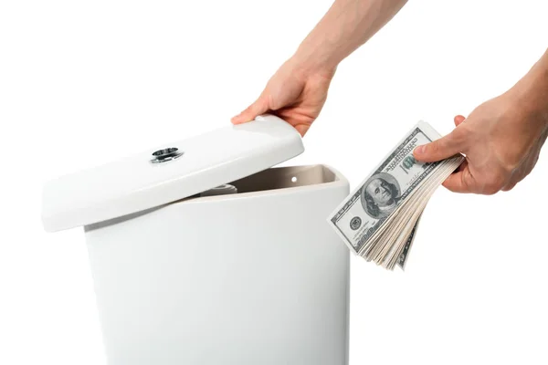 Cropped View Woman Hiding Dollars Ceramic Clean Toilet Bowl Isolated — Stock Photo, Image