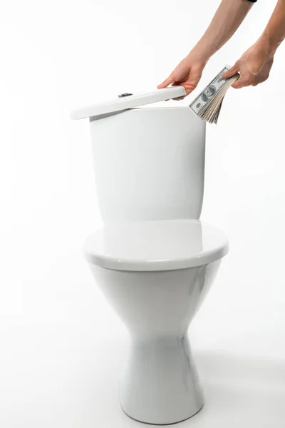 Cropped View Woman Hiding Dollars Ceramic Clean Toilet Bowl White — Stock Photo, Image