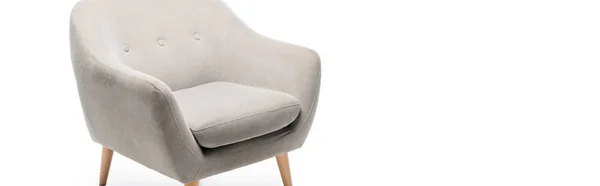 Kényelmes Szürke Modern Fotel Elszigetelt Fehér Panorámás Lövés — Stock Fotó