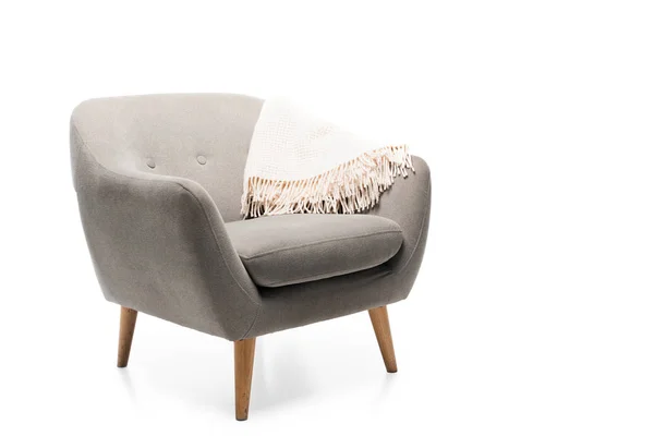 Удобное Серое Современное Кресло Одеялом Изолированным Белом — стоковое фото
