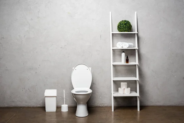 Interior Banheiro Moderno Com Vaso Sanitário Perto Rack Com Cosméticos — Fotografia de Stock