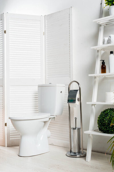 interior of white modern bathroom with toilet bowl near folding screen, rack and plants