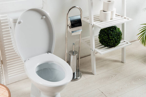 interior of white modern bathroom with toilet bowl near folding screen, toilet brush, toilet paper, rack and plants