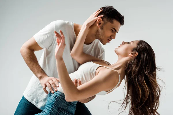 Dancers Dancing Bachata Looking Each Other Isolated Grey — Stock Photo, Image