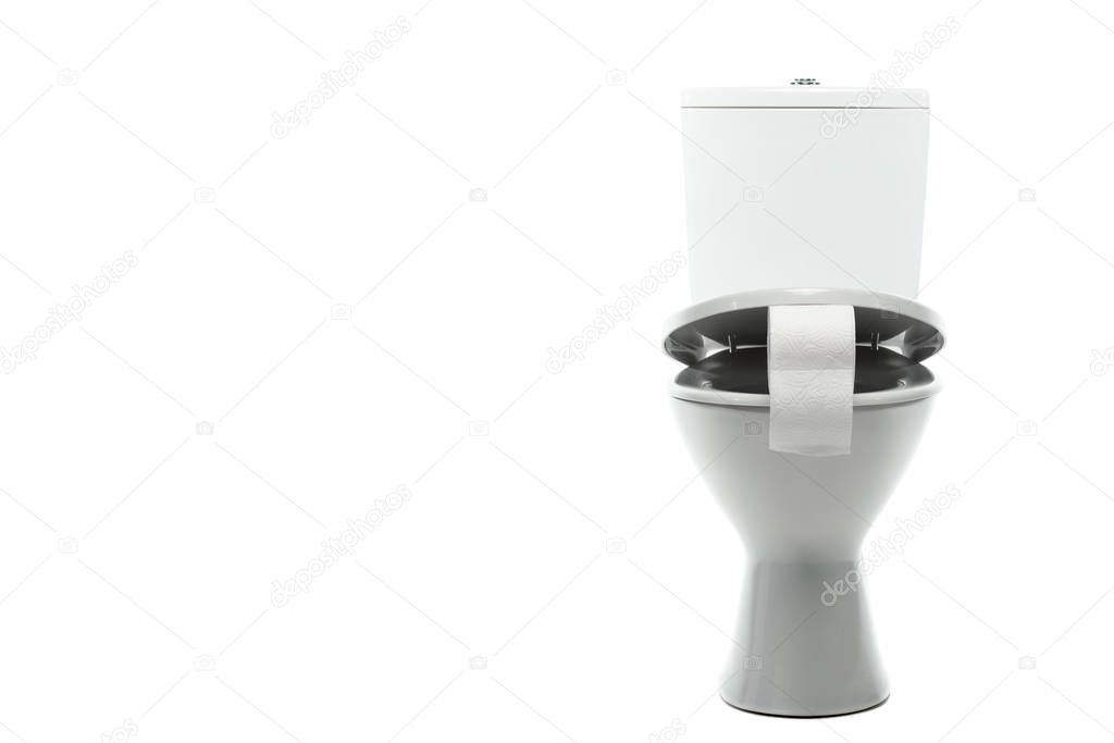 ceramic clean toilet bowl with toilet paper isolated on white