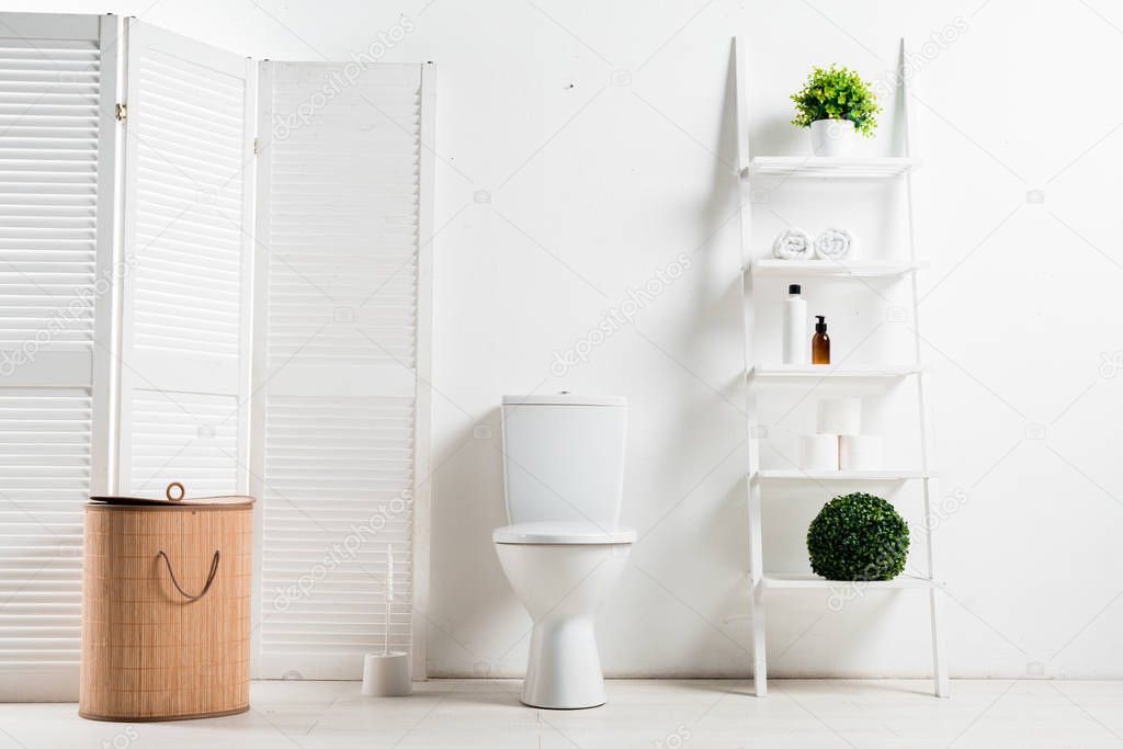 interior of white modern bathroom with toilet bowl near folding screen, laundry basket, rack and plants
