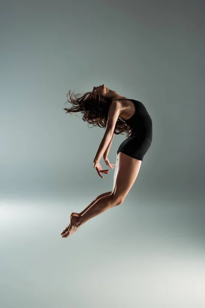 Side View Dancer Black Bodysuit Dancing Contemporary Grey Background — Stock Photo, Image