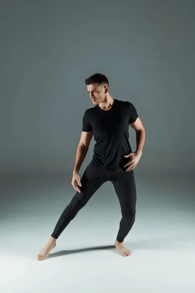 Handsome Dancer Black Leggings Shirt Dancing Contemporary Dark Background — Stock Photo, Image