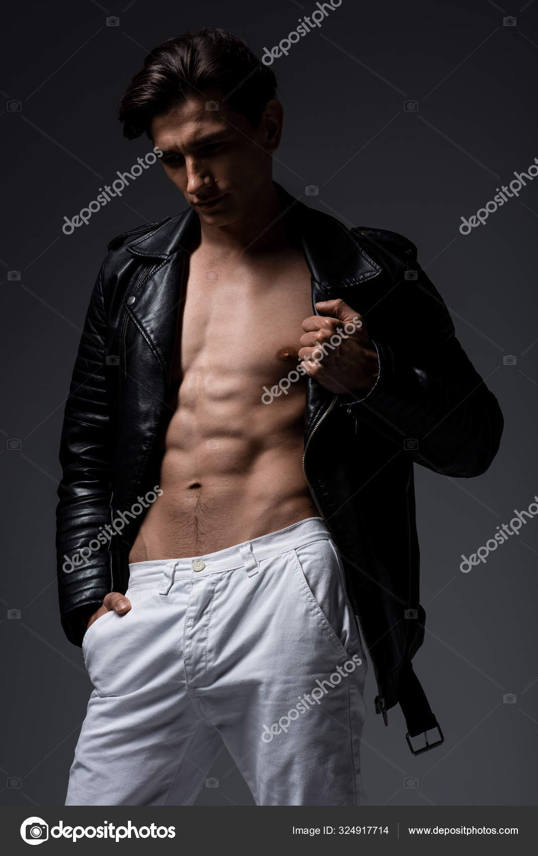 Shirtless Sexy Man White Jeans Black Leather Jacket Isolated Grey Stock