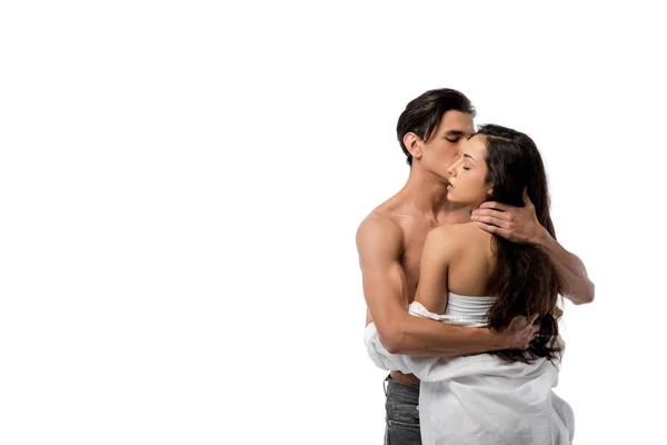 Beautiful Passionate Couple Hugging Isolated White — Stock Photo, Image