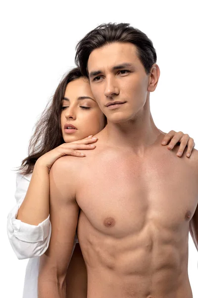 Güzel Düşünceli Seksi Çift Sarılıyor Beyazlar Içinde Soyutlanmış — Stok fotoğraf