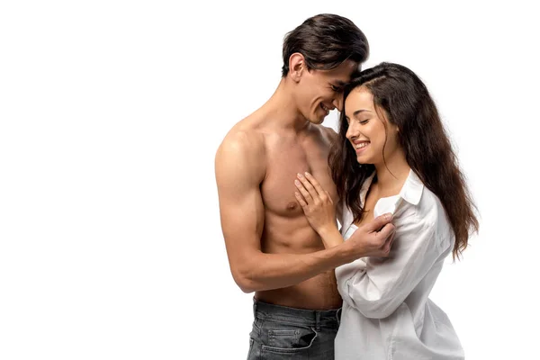 Alegre Sexy Pareja Amantes Abrazos Aislado Blanco — Foto de Stock