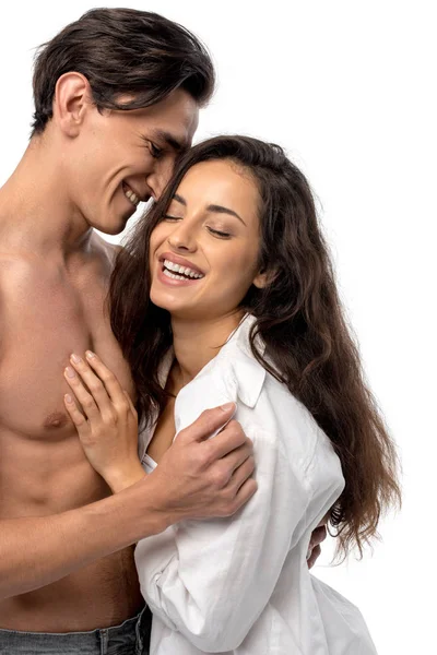 Belo Casal Sexy Abraçando Rindo Isolado Branco — Fotografia de Stock