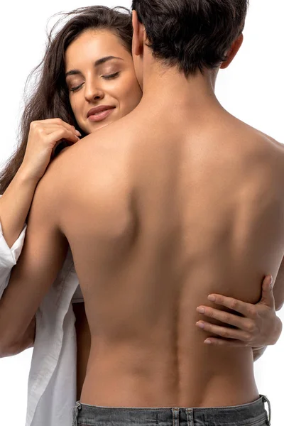 Back View Sexy Shirtless Homem Abraçando Menina Feliz Isolado Branco — Fotografia de Stock