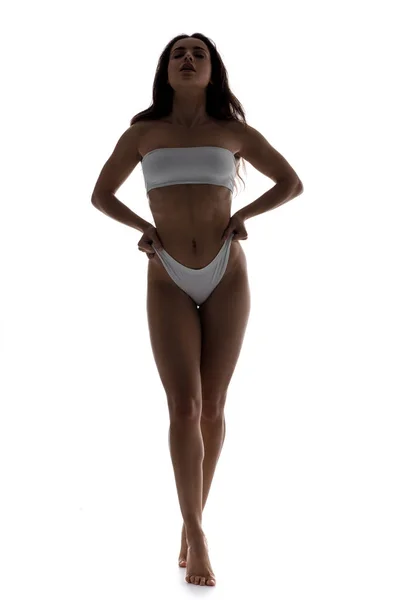 Silhuett Sexig Kvinna Vita Underkläder Isolerad Vit — Stockfoto