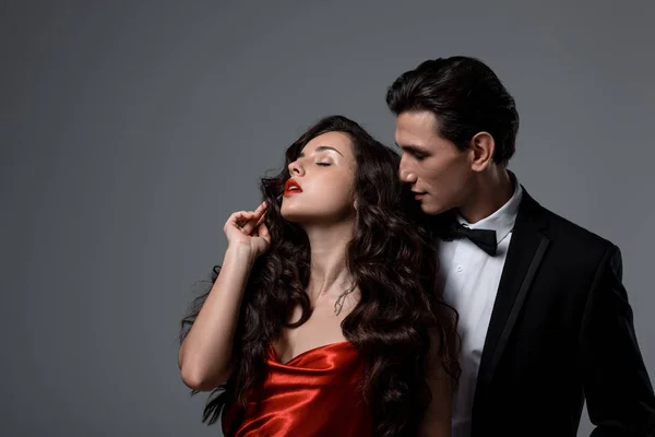 Beautiful Passionate Couple Suit Red Silk Dress Hugging Isolated Grey — ストック写真