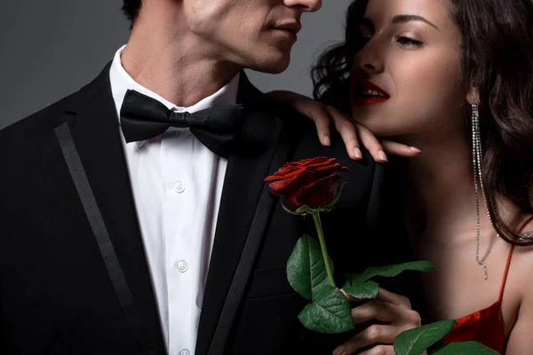 Романтична Пара Обіймає Тримає Червону Квітку Троянди Ізольовано Сірому — стокове фото