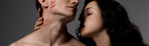 Panoramic Shot Sensual Woman Hugging Man Red Lipstick Prints Isolated — ストック写真