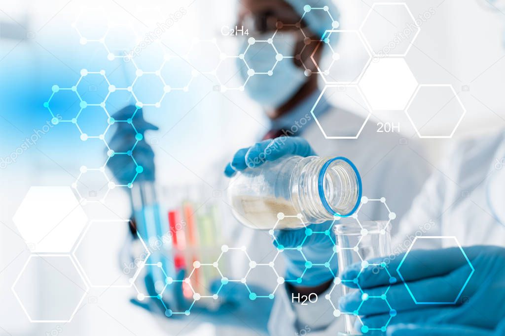 selective focus of multicultural biologist doing test with formulas illustration