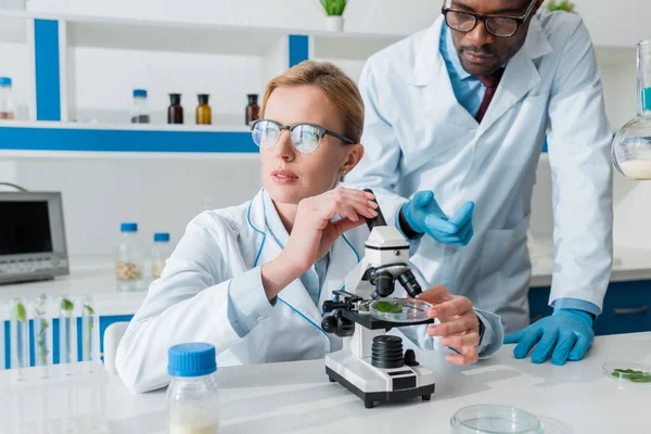 Biólogos Multiculturales Con Batas Blancas Utilizando Microscopio Laboratorio — Foto de Stock