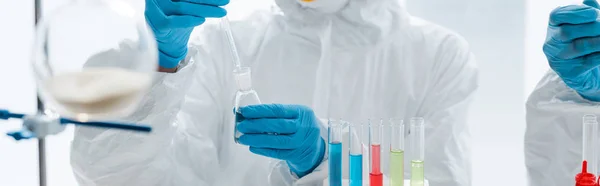 Panoramiczne Ujęcie Naukowców Rękawiczkach Lateksowych Robiących Testy Dna Laboratorium — Zdjęcie stockowe