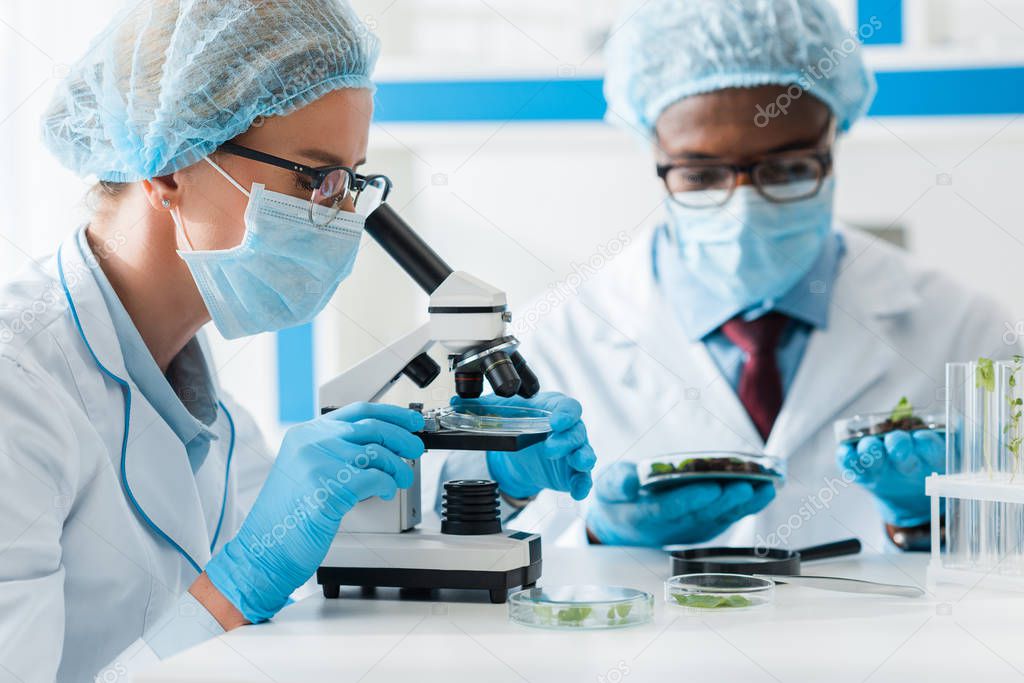 selective focus of biologist using microscope and african american colleague looking at leaves on background 