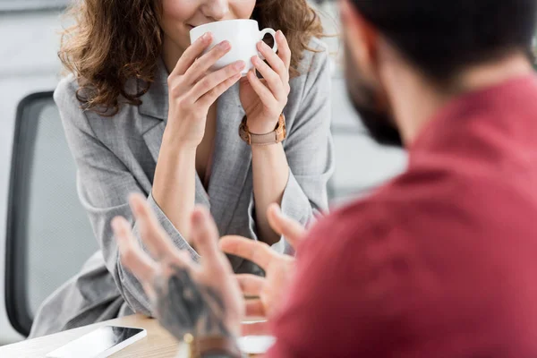 Cropped View Account Manager Holding Cup Listening Colleague — Stock Photo, Image