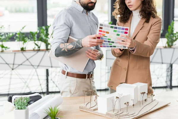 Cropped View Virtual Reality Architects Looking Layout Colors — Stock Photo, Image