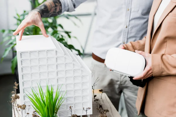 Cropped View Virtual Reality Architects Looking Model House — Stock Photo, Image