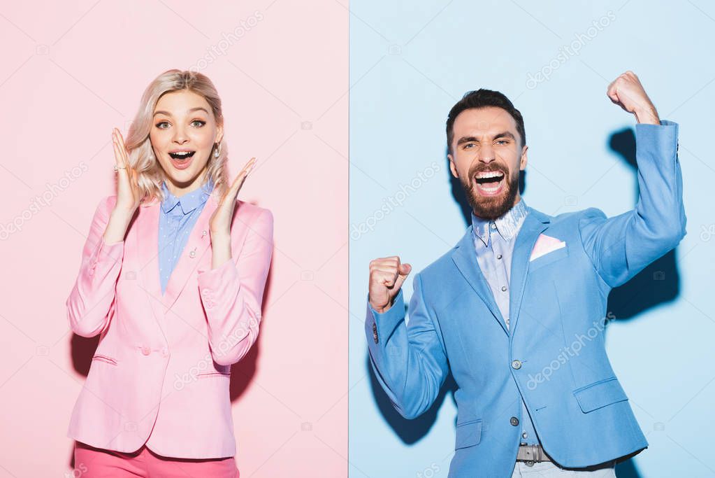 smiling woman and handsome man showing yes gesture on pink and blue background 