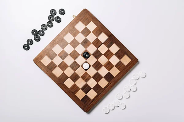 Top View Checkers Wooden Chessboard White Background — Stock Photo, Image