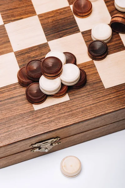 High Angle View Wooden Checkers Checkerboard Isolated White — Stock Photo, Image