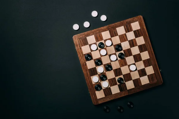 Top View Checkers Wooden Checkerboard Isolated Black Copy Space — Stock Photo, Image