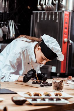 Çekici çikolata fırçasının seçici odak noktası. Yanında altın tozu bulunan fırça hazır çikolata şekerleri ve kabartma kağıdı. 