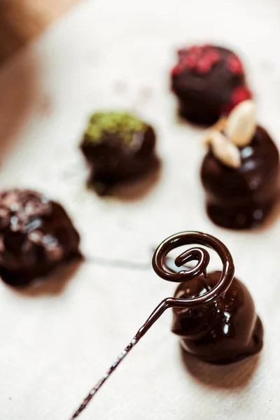 Close Swirl Melted Chocolate Chocolate Balls — Stock Photo, Image