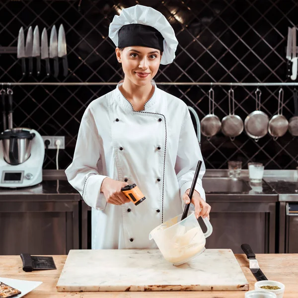 Cheerful Chocolatier Holding Cooking Thermometer Bowl Melted White Chocolate — Stock Photo, Image