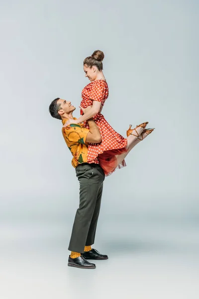 Side View Handsome Dancer Holding Partner While Dancing Boogie Woogie — Stock Photo, Image