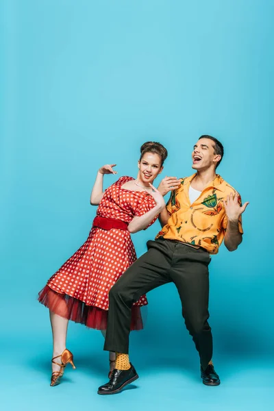 Excited Dancers Dancing Boogie Woogie Blue Background — 스톡 사진