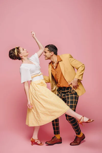 Side View Stylish Dancers Dancing Boogie Woogie Pink Background — 스톡 사진