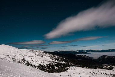 Karlı dağların manzarası, çam ağaçları ve akşam karanlığında beyaz kabarık bulutlar.