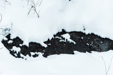 Karlı dağlarda akan küçük su akıntısının en üst manzarası