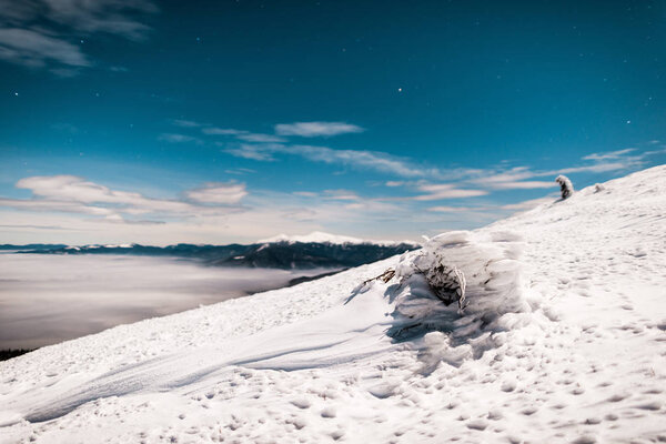 scenic view of snowy mountain with pine tree and white fluffy clouds