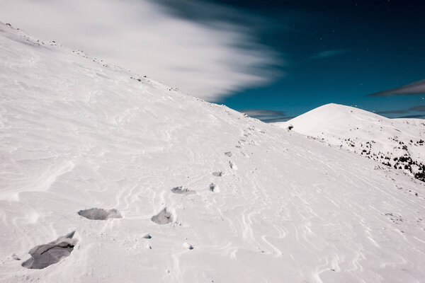 живописный вид на следы на белом чистом снегу в горах
