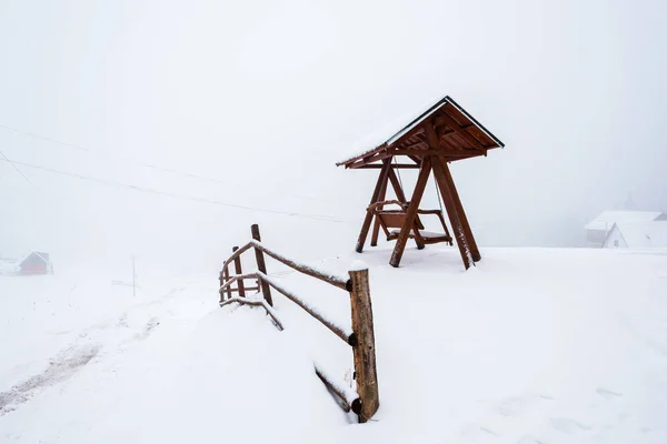 Wooden Fence Swing Snowy Mountain Village Fog — Stock Photo, Image