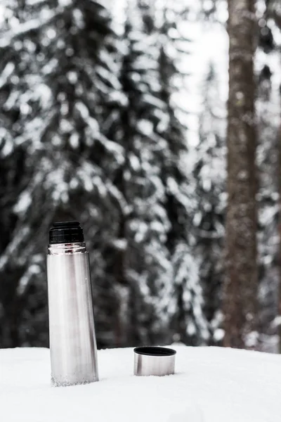 Вакуумна Колба Гарячим Напоєм Пагорбі Покритому Снігом Біля Соснового Лісу — стокове фото