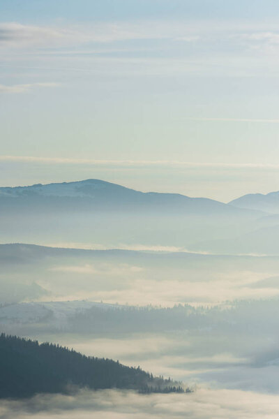 scenic view of snowy mountains with pine trees in white fluffy clouds