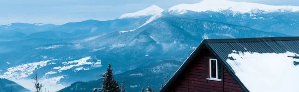 scenic view of snowy mountains with pine trees and wooden house, panoramic shot